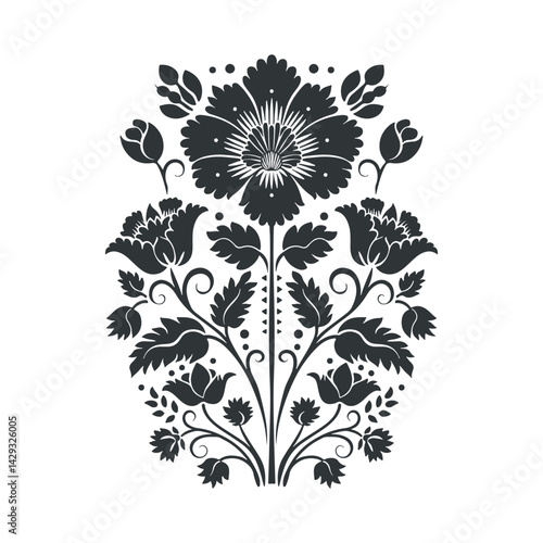 Vector linocut floral poster template. Modern trendy minimal style. Black and white colors. Botanical blockprint. Folk art design for wallpaper, wall decor, print, postcard, cover, template.