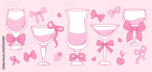 Vintage Coquette Pink drinks and cocktails. Isolated Aesthetic glasses with ribbon bow with berries. Romantic Girly Vibe. Trendy art for bachelorette party and wedding invitations. Vector illustration