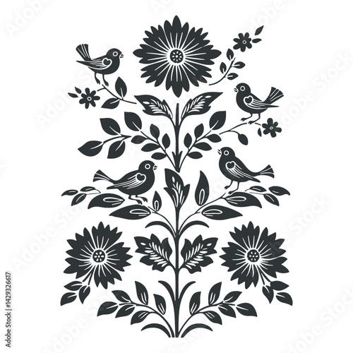 Vector linocut floral poster template with birds. Modern trendy minimal style. Black and white colors. Botanical blockprint. Design for wallpaper, wall decor, print, postcard, cover, template.