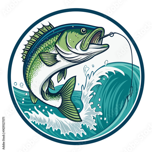 A largemouth bass aggressively striking a topwater lure, amidst crashing waves.  Detailed scales, water splashes, and a clear hookset.