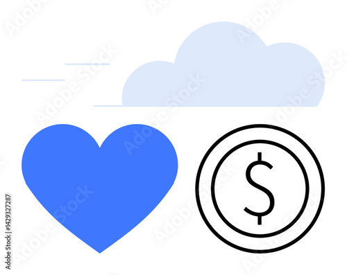 Blue heart beside a light cloud and a dollar-marked coin symbolizing love, technology, and finance. Ideal for business, finance, health, cloud computing, charity, simplicity and a clean landing page