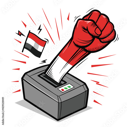 A powerful cartoon fist, glowing with righteous anger, shatters a malfunctioning, sparking voting machine.  The machine is clearly broken and corrupted.