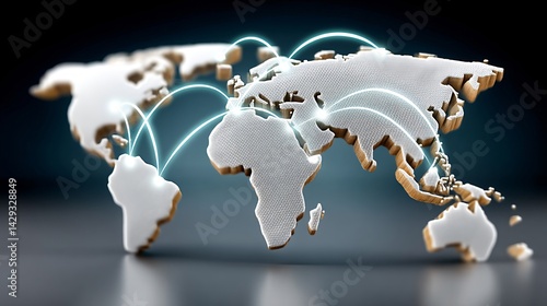 Fototapeta Naklejka Na Ścianę i Meble -  A glowing holographic network spanning continents on a dark world map with linking lines and data nodes pulsing in blue light