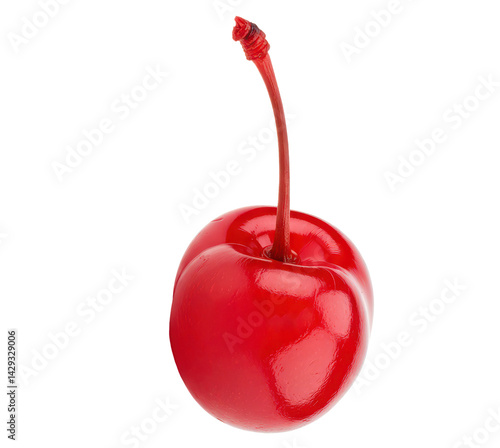 Single red maraschino cherry isolated background.