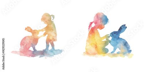 abstract color silhouette of child petting rabbit watercolor vector illustration