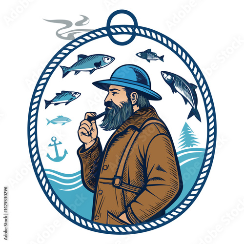 A weathered fisherman, thick beard framing a pensive face, smokes a pipe, a string of freshly caught fish hanging behind him.  Detailed, realistic style.