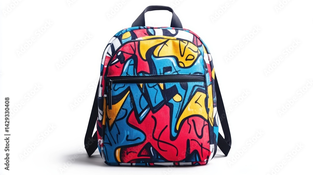 White backpack with graffiti-style graphic design and durable straps, perfect for city commuting, isolate on white background White backpack with graffiti-style graphic design and durable straps, perfect for city commuting, isolate on white background