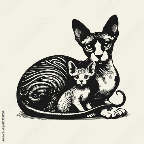 Sphynx cat with kitten, domestic animals, monochrome vector illustration.