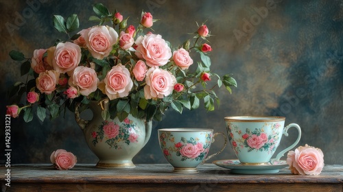 Wallpaper Mural A still life featuring vintage china teacups adorned with floral patterns, paired with a bouquet of roses on a weathered table Torontodigital.ca