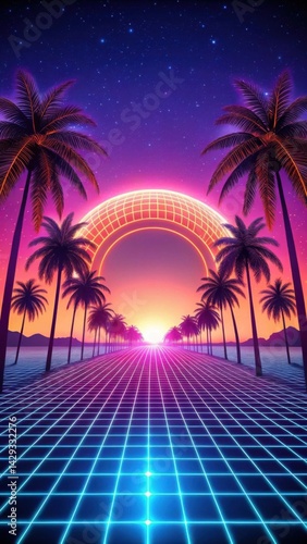 Neon Grid Desert Synthwave Wallpaper