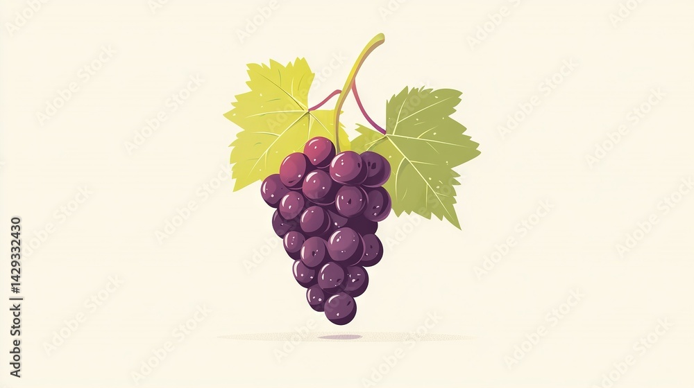 Grapes dangling from a vine, set against green foliage on a white canvas, with a leaf shadow Grapes dangling from a vine, set against green foliage on a white canvas, with a leaf shadow