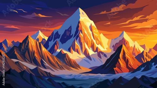 Very beautiful ,Panoramic view of beautiful snowy Masherbrum peak in Karakoram mountain range during sunset light 