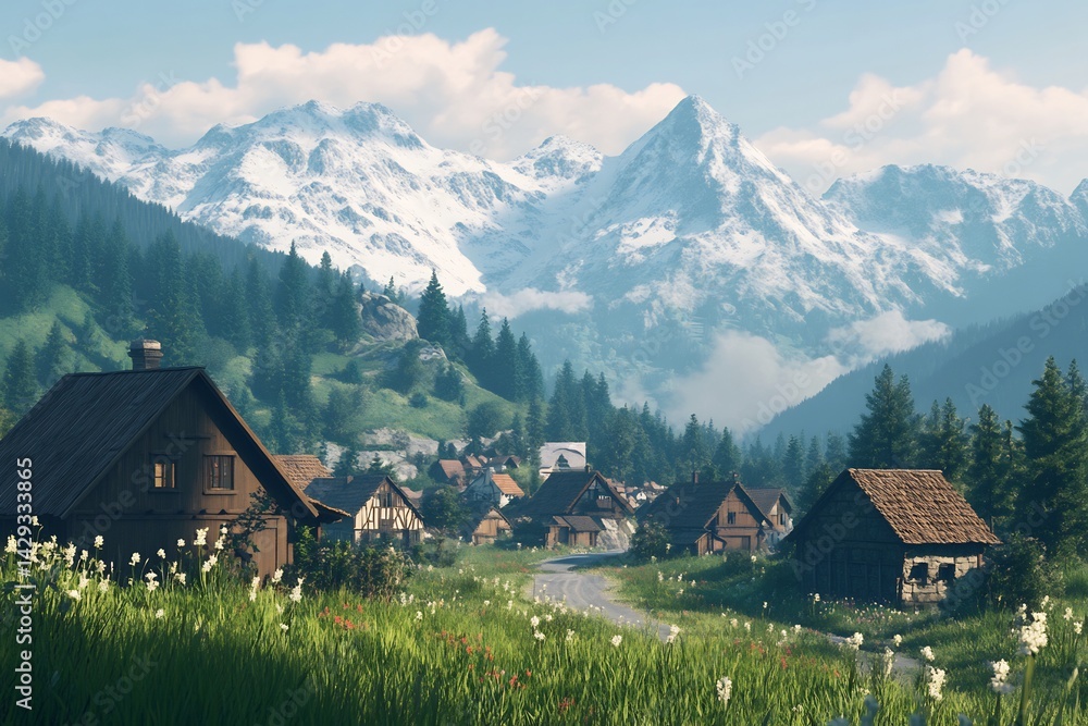 Obraz premium Mountain escape featuring hidden peak secluded mountain town towering snow capped range winding road leading cozy isolated village landscape breathtaking cinematic lighting soft natural tone perfectly