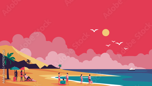 Crowded beach, colorful sunset, people enjoying, tropical landscape  