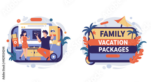 Family Vacation Packages - People planning a trip together in a vibrant style  