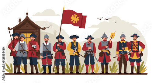 Historical reenactments of soldiers standing together against a backdrop  