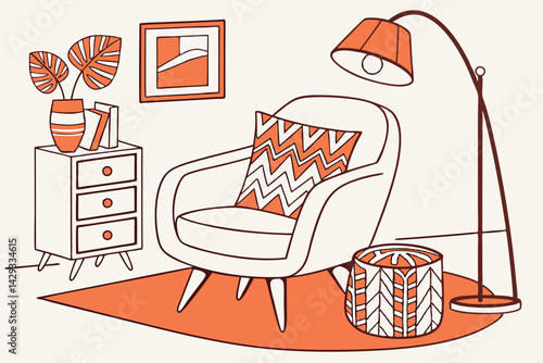 Cartoon illustration shows a man sitting on a chair in a room with a laptop, a piece of furniture for home interior design