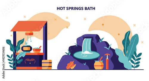 Hot Springs Bath illustration with waterfall and spa elements  