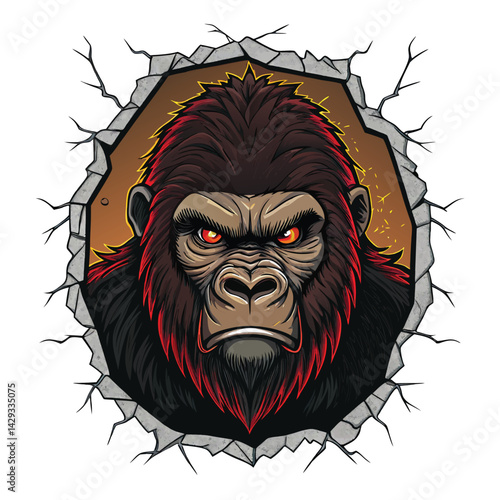 A ferocious gorilla head, berserk and enraged, with intensely glowing red eyes burning from within, detailed fur and musculature.