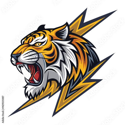 A ferocious bionic tiger head, roaring fiercely, engulfed in a vibrant electric blue bolt.  Cybernetic details are visible.