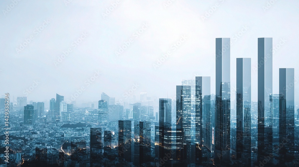 Fototapeta premium Double Exposure Finance Chart with Cityscape Background