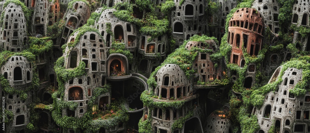 A series of small buildings with green plants growing on them