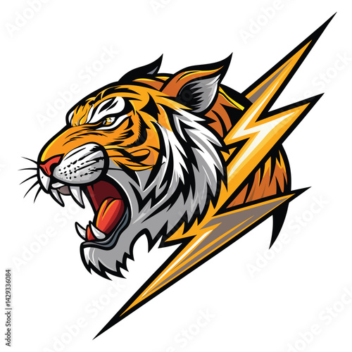 A ferocious bionic tiger head, embedded within a crackling electric bolt, roars intensely.  Cybernetic enhancements gleam.