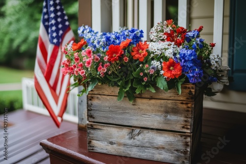 Fototapeta Naklejka Na Ścianę i Meble -  American flag stands beside flowers in rustic wooden box on porch for patriotic holidays