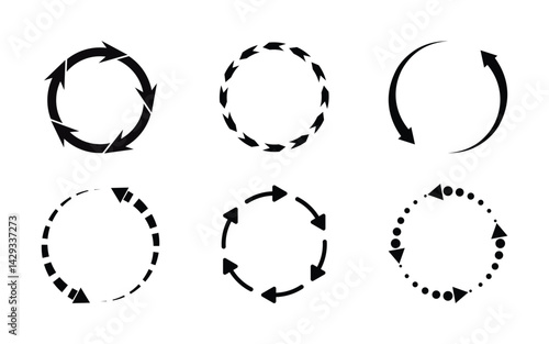Different circular arrows of black color. Arrow clock wise rotating symbol. Arrow sign vector illustration.