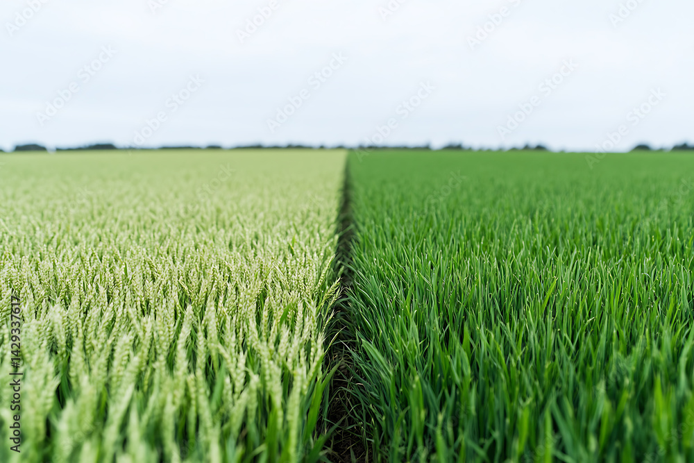Adjacent fields present a contrast in crop color, with green and light green fields separated by a straight line on the horizon under a bright sky. Adjacent fields present a contrast in crop color, with green and light green fields separated by a straight line on the horizon under a bright sky.