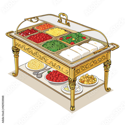 A lavish gold buffet tray overflowing with a diverse array of delectable foods, showcasing a luxurious and abundant feast.