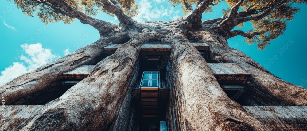 A tree with a large trunk and a small window in the middle