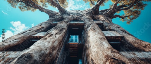 A tree with a large trunk and a small window in the middle