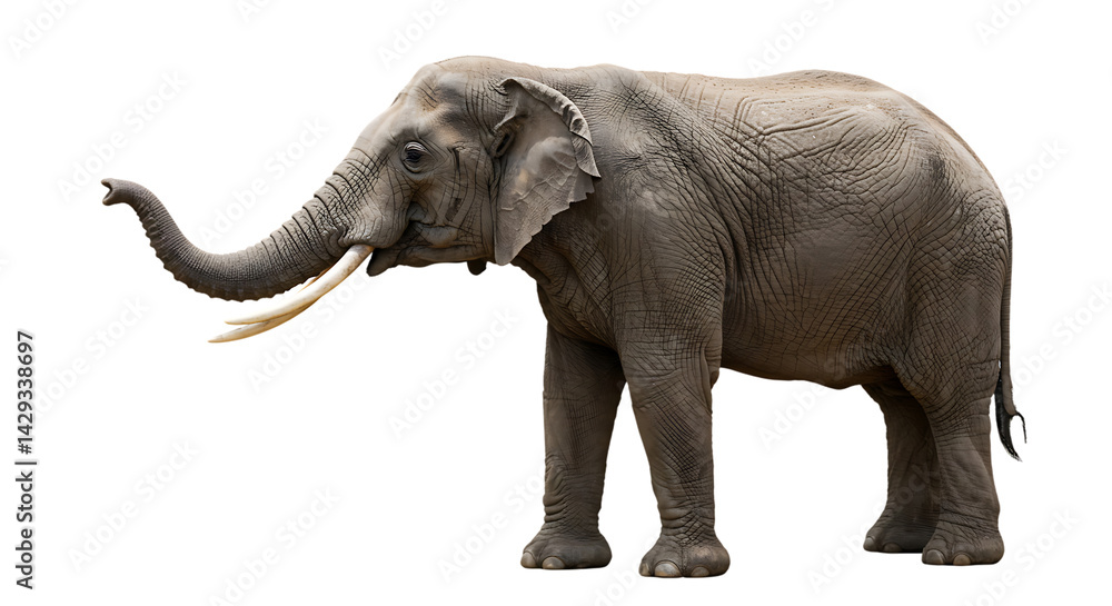 Fototapeta premium Realistic a African elephant stands isolated on transparent background