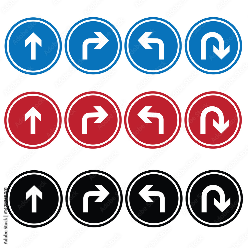 Go straight, this way, one way, only u turn left and right black arrow sign. Vector illustration. Go straight, this way, one way, only u turn left and right black arrow sign. Vector illustration.