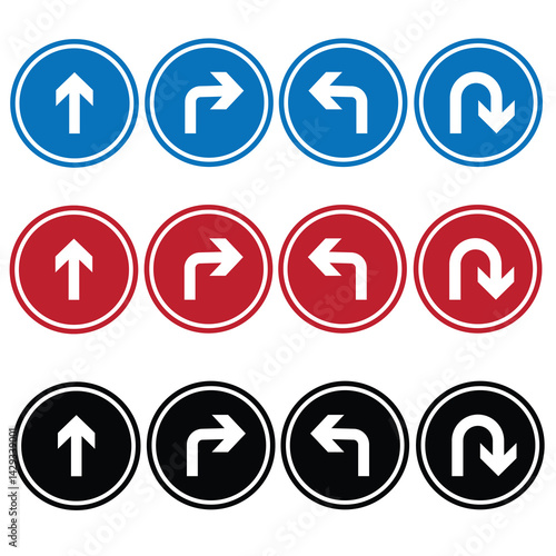 Go straight, this way, one way, only u turn left and right black arrow sign. Vector illustration.