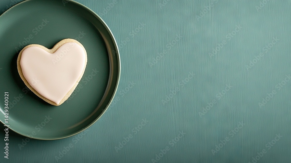 A heart-shaped cookie atop a green plate on a blue tablecloth