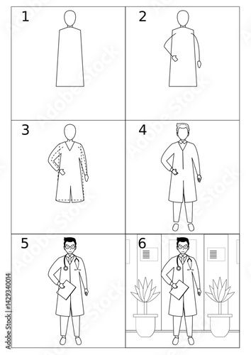 Step-by-step tutorial. How to draw a doctor. Coloring book for children, online art. The kind doctor is smiling in the waiting room. A man in a white coat.
