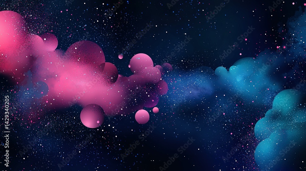 A group of pink and blue bubbles float in a dark blue and pink space with stars and clusters
