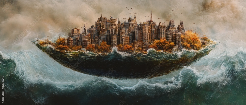 A city is floating on top of the ocean