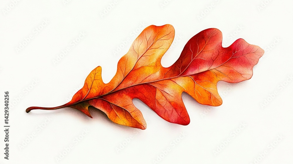 An orange and red leaf lays on a white surface, casting a shadow on the left side of the photo