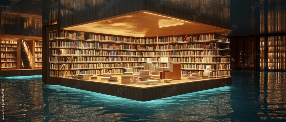 A library is floating in the water with a lot of books