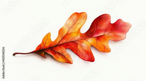 Obraz na płótnie An orange and red leaf lays on a white surface, casting a shadow on the left side of the photo w salonie