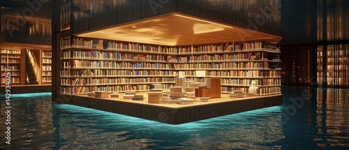 Obraz na płótnie A library is floating in the water with a lot of books w salonie