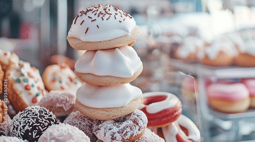A tower of donuts piled high in front of a display of similar treats