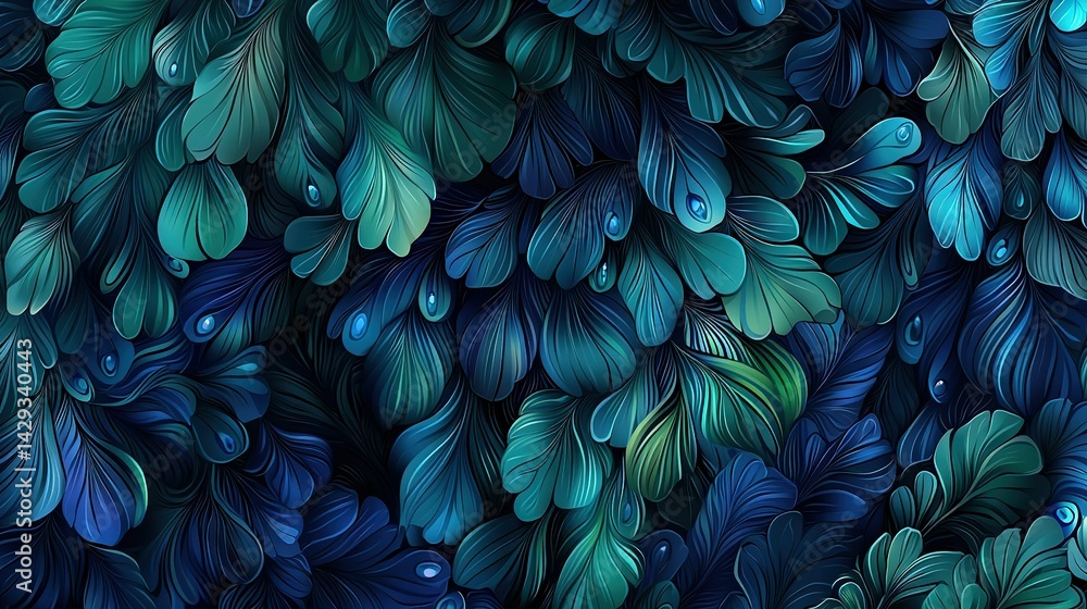 Blue and green leaves with water droplets in close-up
