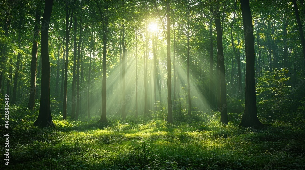 Fototapeta premium Sunbeams Illuminate Lush Green Forest