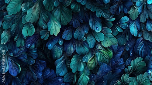   Blue and green leaves with water droplets in close-up