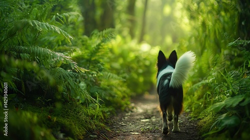   A monochromatic canine strolls through a verdant woodland trail carpeted with fronds