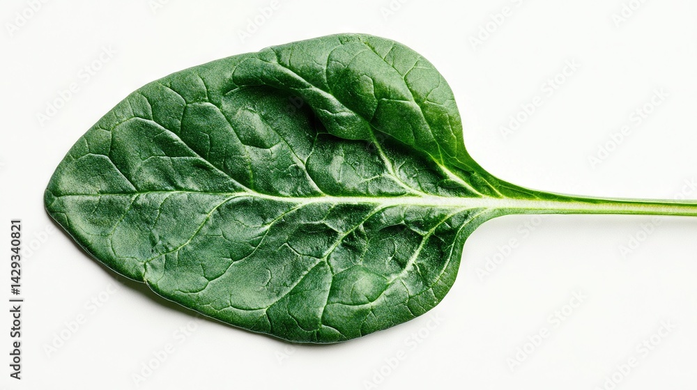 A high-resolution image of a green leaf on a white background featuring a green stem protruding from the center of the leaf